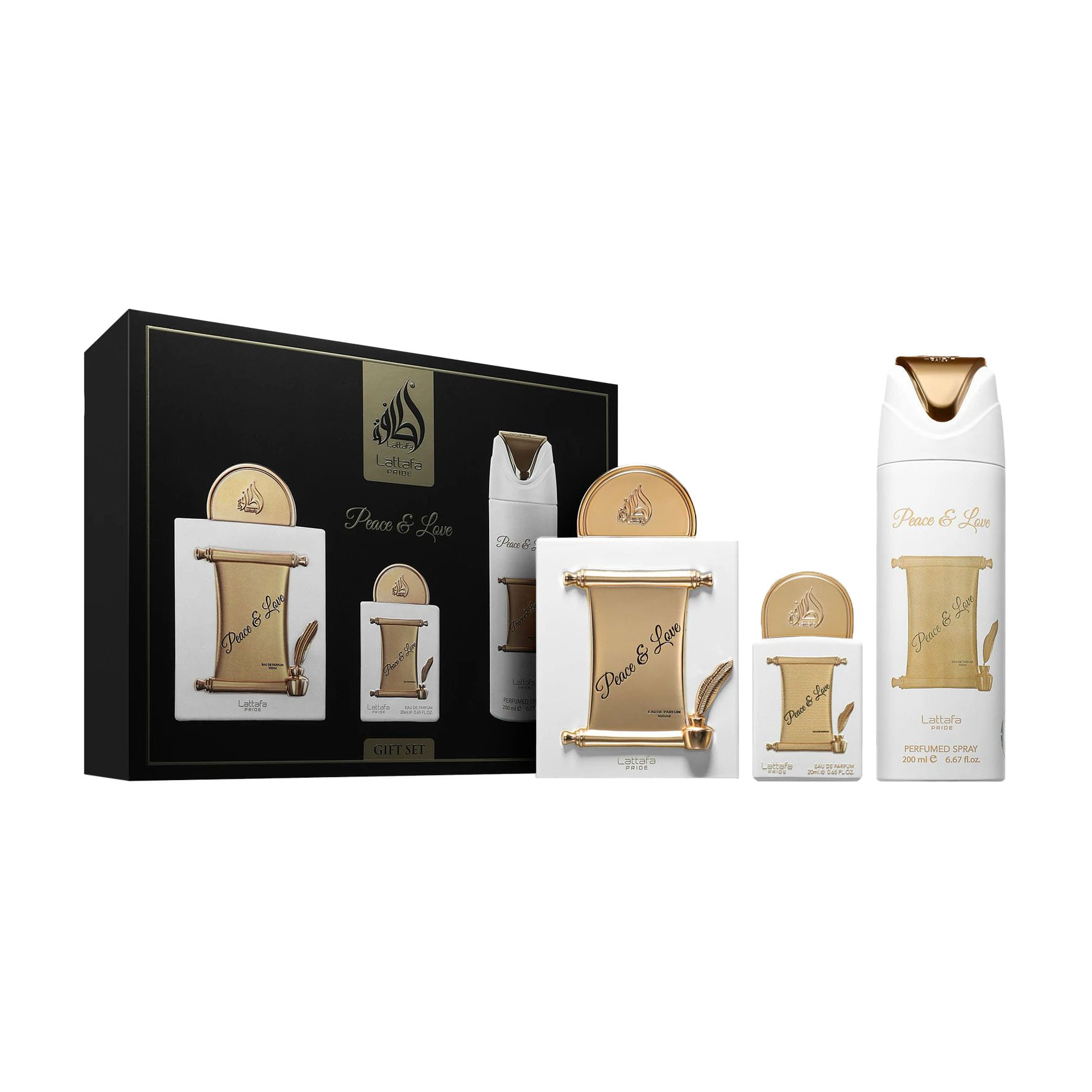 Парфумований набір унісекс Lattafa Perfumes Peace &amp; Love (парфумована вода, 100 мл + парфумована вода, 20 мл + дезодорант, 200 мл)